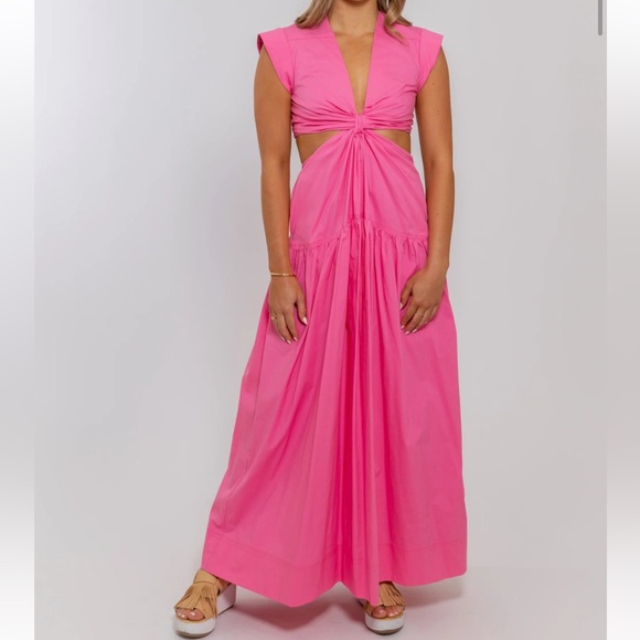 Karlie Solid Poplin Cut-Out Knot Maxi Dress Bubble Gum Pink Large NWT Pockets! - Picture 2 of 10